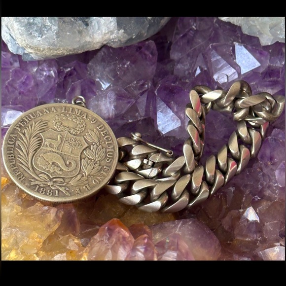 Peru coin link sterling silver bracelet - Picture 1 of 4